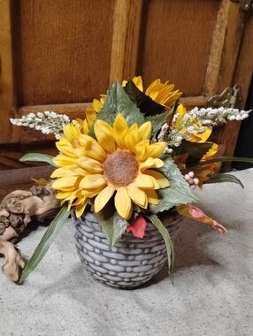 Sunflower Faux Floral Arrangement in Gray Woven Vase -